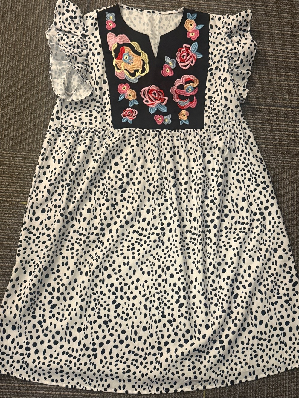White and Black Polka Dot Midi Dress with Embroidered Floral Bib